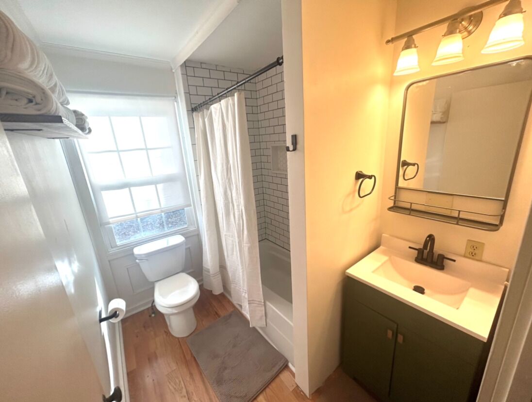 Bathtub, towels, soap, toilet paper