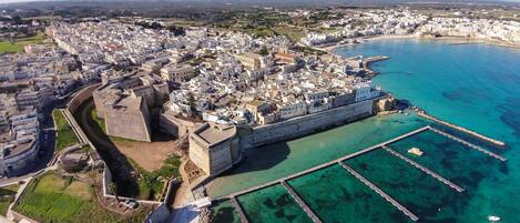 An aerial view of a coastal town with a fortified castle, clear turquoise waters, and a marina with boats.