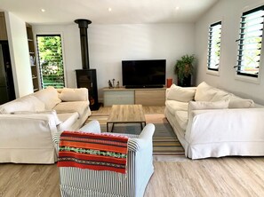 Smart TV, fireplace, books, stereo