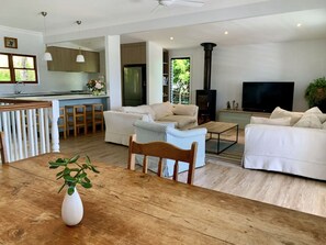 Smart TV, fireplace, books, stereo