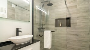 Hair dryer, towels, soap, shampoo