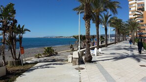 A coastal promenade with palm trees, a beach, and a clear blue sky.