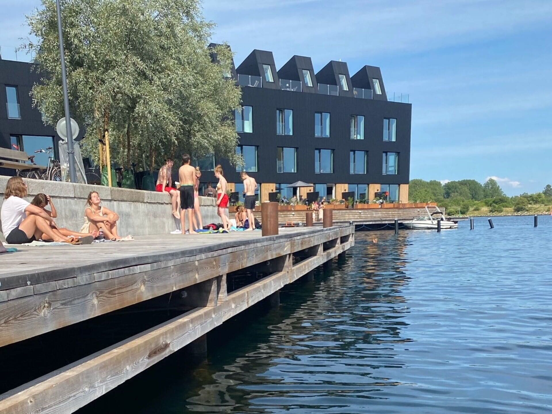 A wooden pier extending into a calm body of water, with a modern building in the background.