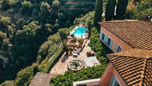 Vista aèria d'una vila amb piscina envoltada de vegetació exuberant i un camí de pedra.