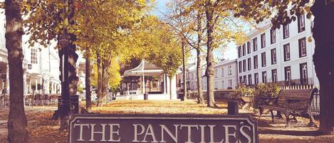 Una señal en un parque con el texto 'The Pantiles, originalmente los Caminos, más tarde el Desfile'.