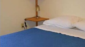 A single bed with a blue bedspread, a wooden bedside table with a lamp, and a wall-mounted shelf. - Family vacation on Black Lake with a private beach! (Hammond)