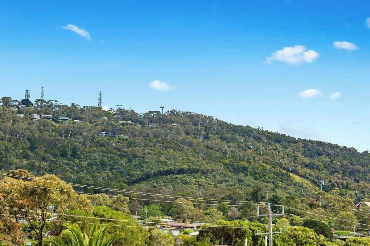 A hillside with scattered buildings, power lines, and dense vegetation.