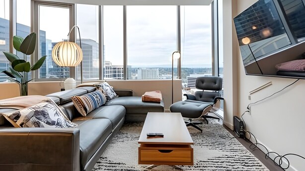 A modern living room with a sofa, a coffee table, and a TV mounted on the wall. - 2BR Penthouse | Gym | Bellevue | Sophari Towers E (Bellevue)