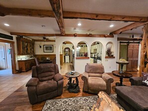 Smart TV, fireplace, DVD player, books