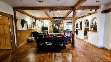 TV connectée, cheminée, lecteur de DVD, livres