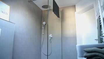 Dusche, Haartrockner, Handtücher, Toilettenpapier