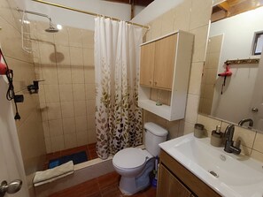 標準雙人房 | 浴室 | 淋浴設備、雨淋花灑、風筒、提供毛巾