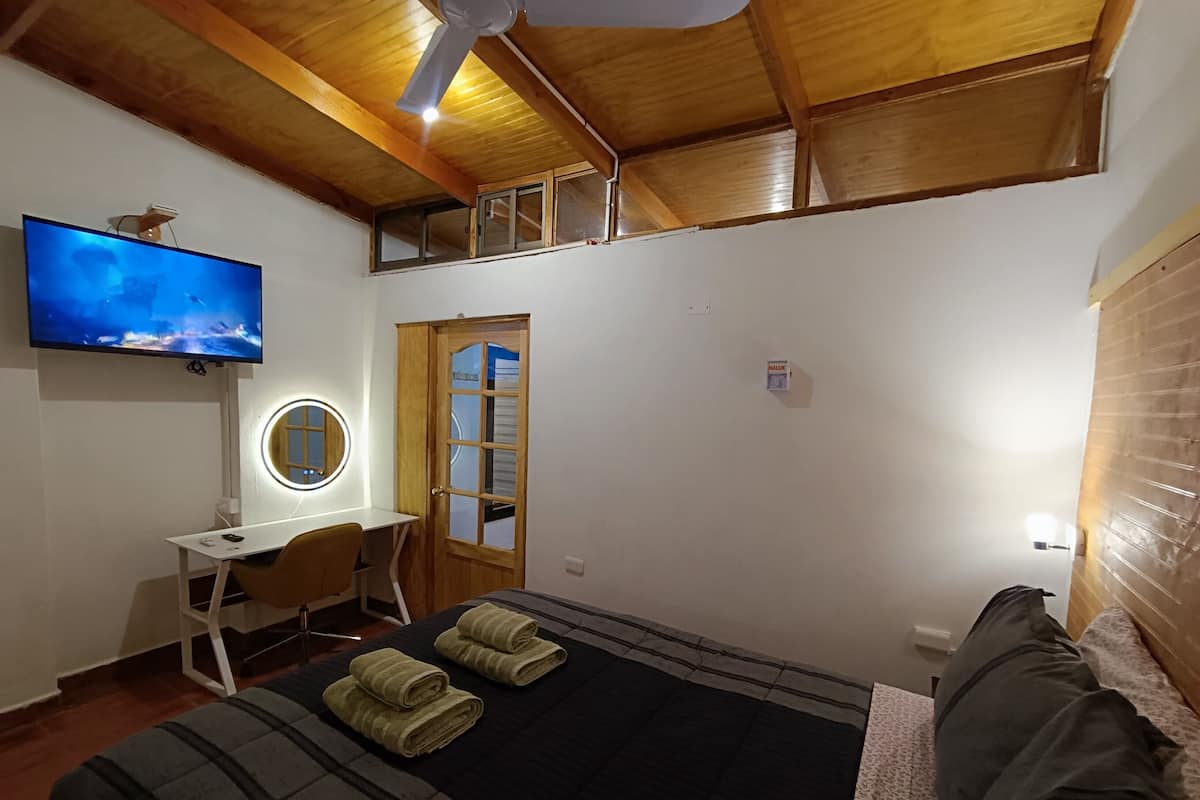 A bedroom with a bed, a desk, a chair, a TV, and a ceiling fan.