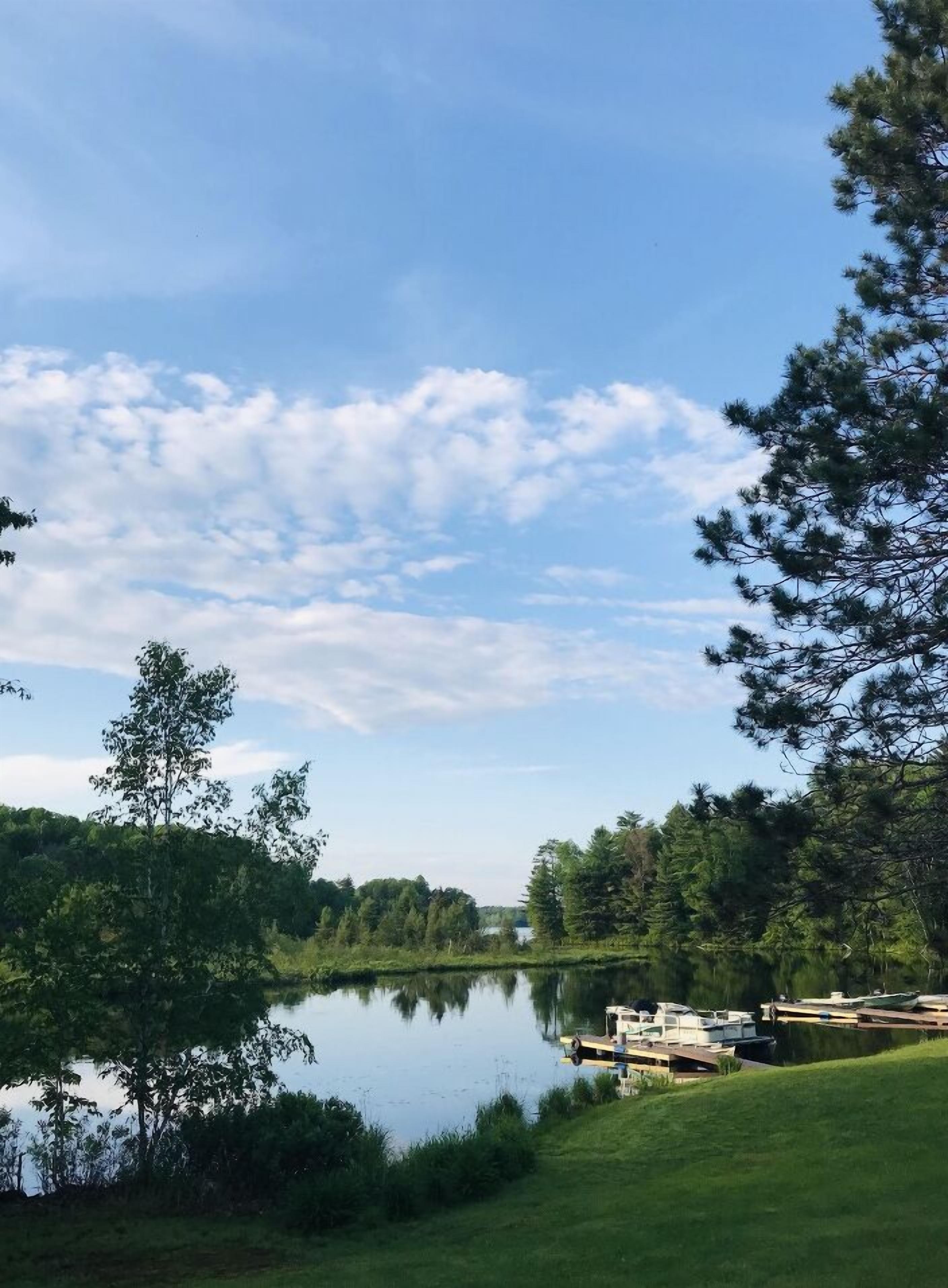 A calm lake with boats docked on the shore, surrounded by trees and greenery.