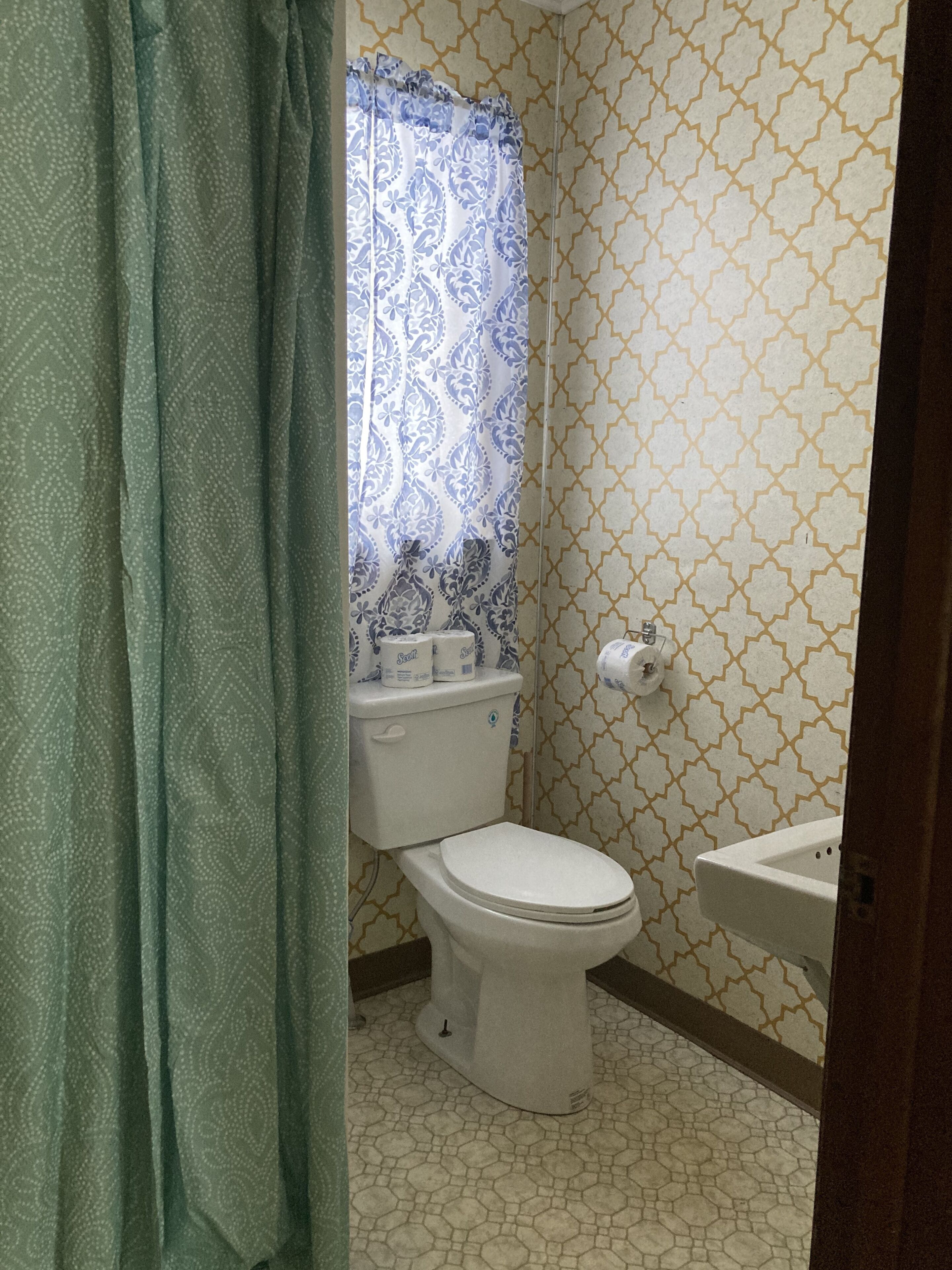 A bathroom with a toilet, bidet, patterned wallpaper, and a green curtain.