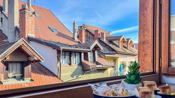 A view from a window overlooking a residential area with red-tiled roofs and wooden houses. - Love island romantique rue carnot (Annecy)