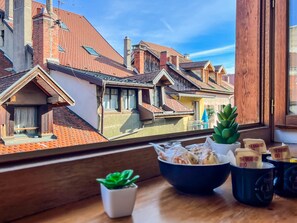 Uitzicht vanuit een raam op een woongebied met rode dakpannen en houten huizen.