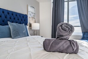 Premium bedding, down comforters, individually decorated