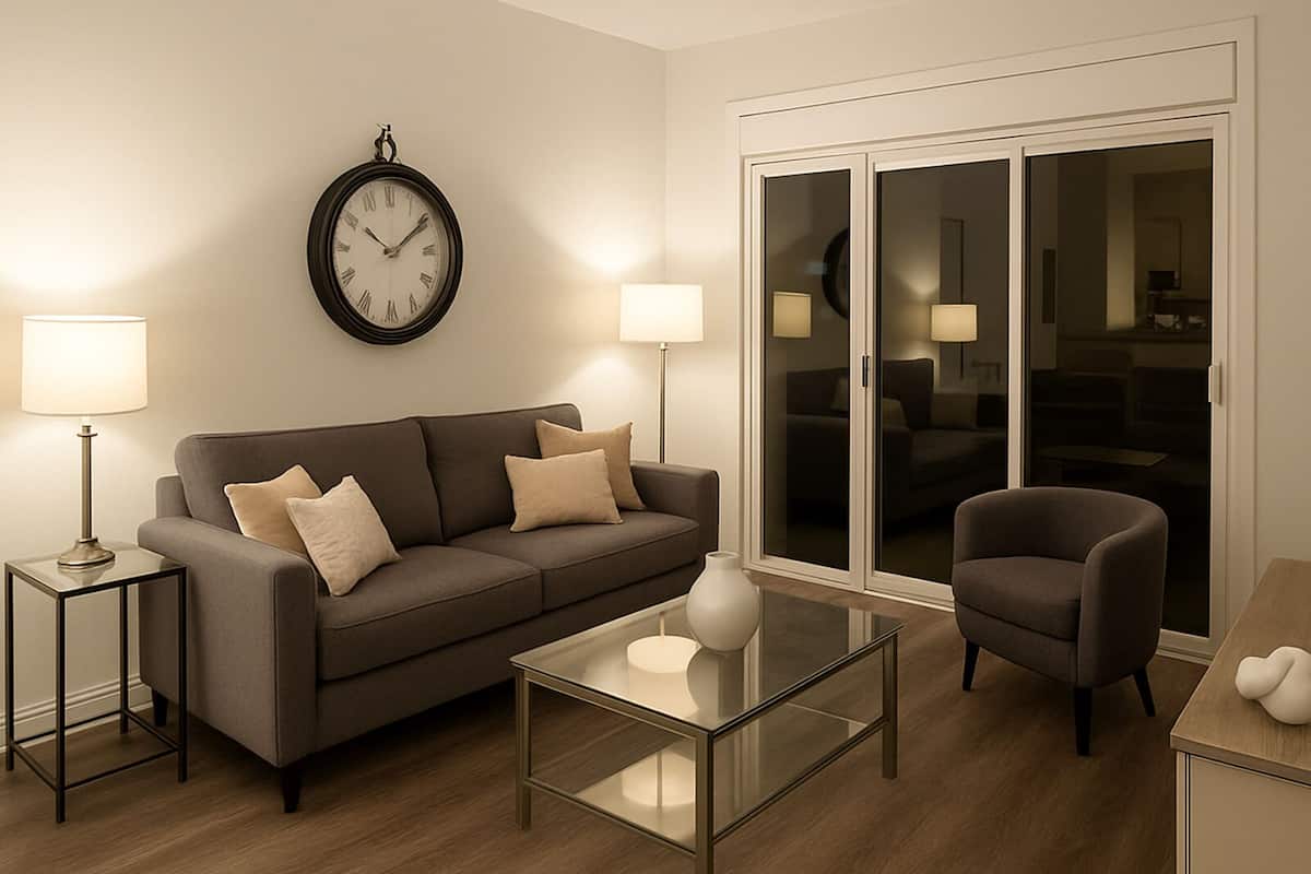 A modern living room with a sofa, armchair, glass coffee table, and a wall clock.