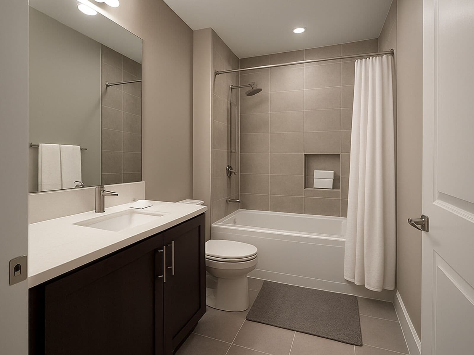A modern bathroom with a vanity, toilet, and shower.