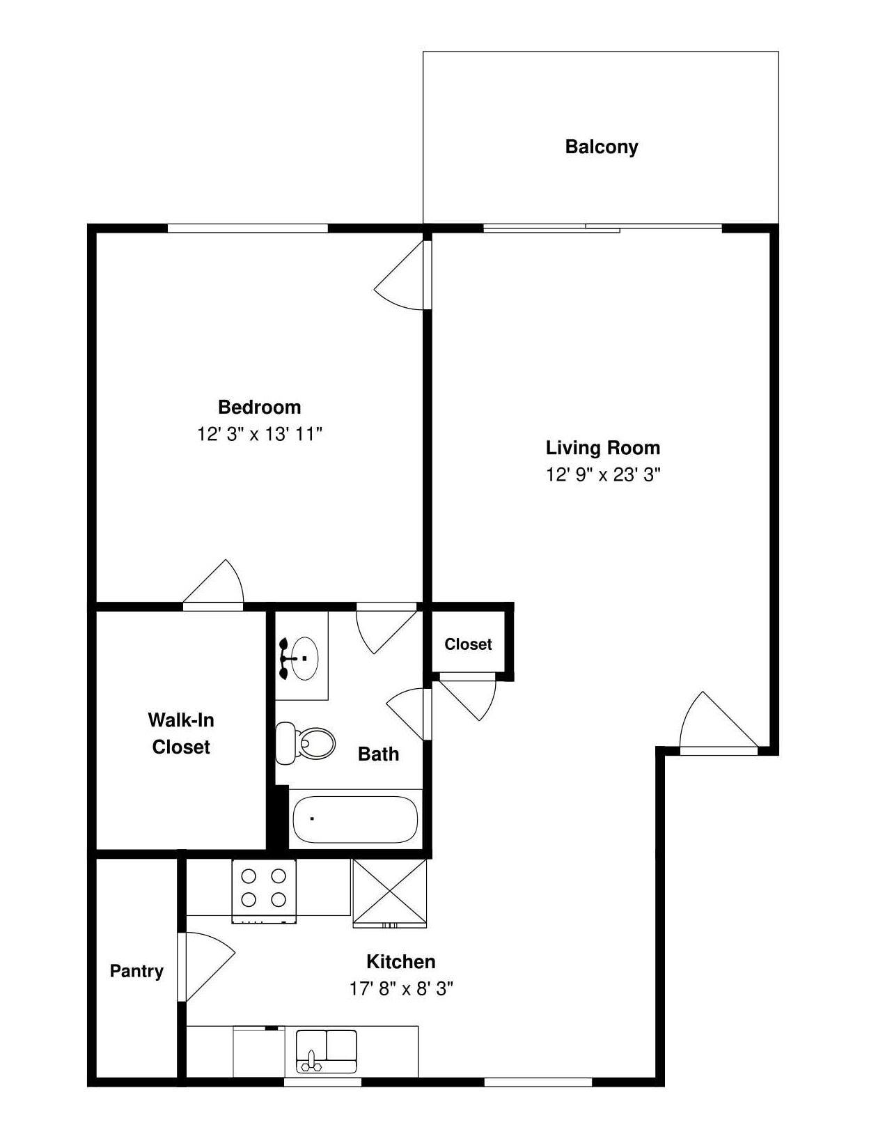 A floor plan of a hotel room with a balcony, bedroom, living room, walk-in closet, bathroom, kitchen, and pantry.