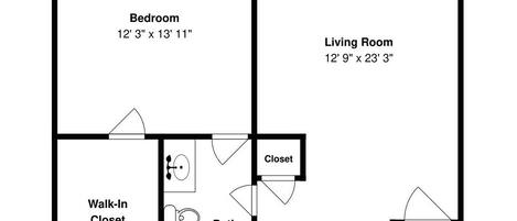 A floor plan of a hotel room with a balcony, bedroom, living room, walk-in closet, bathroom, kitchen, and pantry.