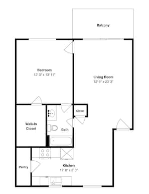 Grundriss mit Schlafzimmer (3,7 m x 4,2 m), Wohnzimmer (3,9 m x 7 m), begehbarem Kleiderschrank, Bad, Speisekammer und Küche (5,4 m x 2,5 m).