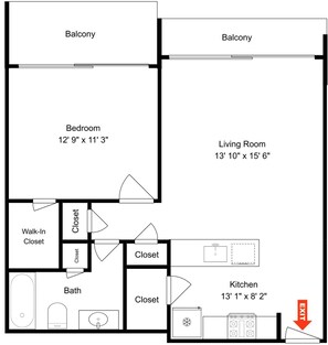 Planta baixa mostrando um quarto, sala de estar, closet espaçoso, banheiro e cozinha.