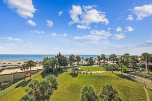 Enjoy ocean views from the resort's spacious lawn area, surrounded by palm trees and modern buildings.