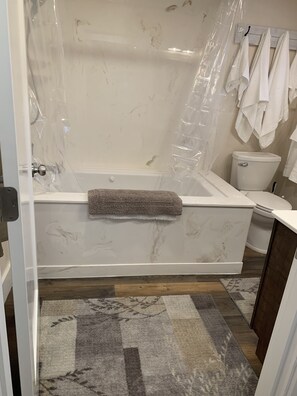 Combined shower/bathtub, jetted bath, hair dryer, towels