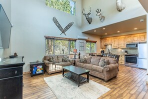 Smart TV, fireplace, DVD player, books