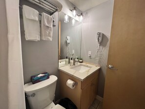 Ensemble baignoire-douche, séchoir à cheveux, serviettes fournies, savon
