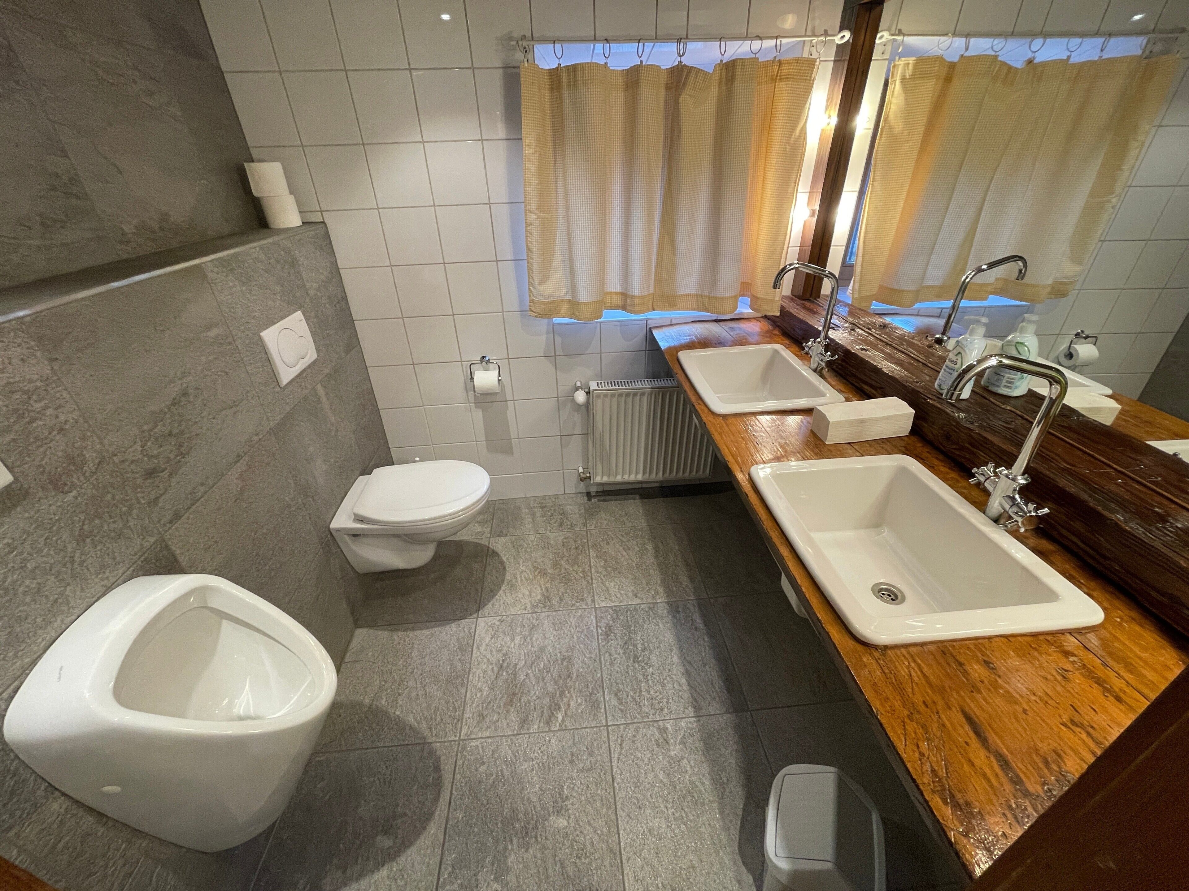 A modern bathroom with a toilet, bidet, and two sinks with mirrors.