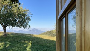Une vue depuis une fenêtre, donnant sur un champ verdoyant avec un arbre et des montagnes au loin.