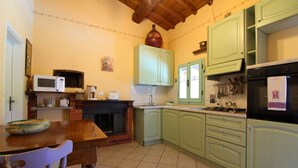 A kitchen with green cabinets, a microwave, a stove, and a fireplace. - Nice cottage ideal for couples, large enclosed garden with private pool. Pets are welcome. Bucine is (Bucine)