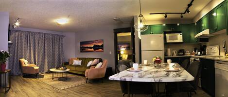 TV, fireplace, books