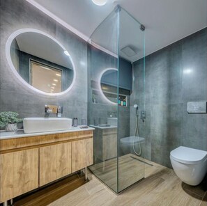 Shower, free toiletries, hair dryer, towels
