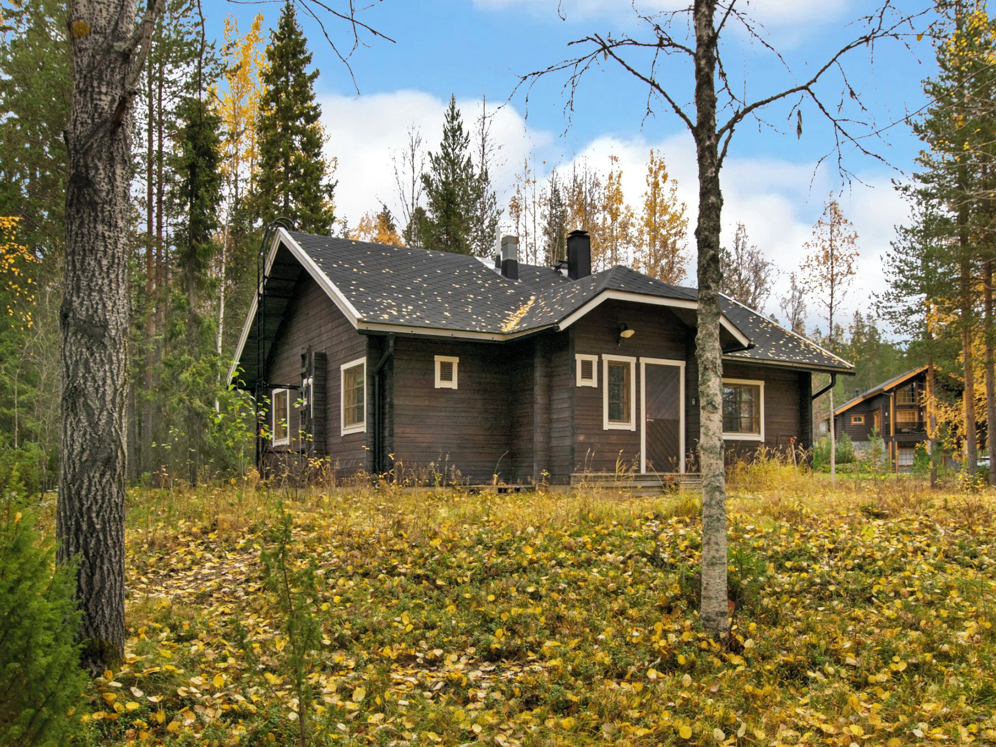 A cabin with a sloped roof, surrounded by a forest with autumn foliage.