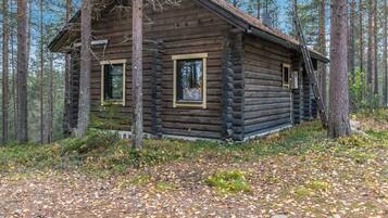 A log cabin with two windows and a chimney, surrounded by a forest.