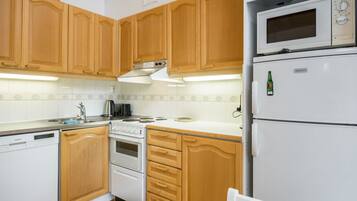 Fridge, microwave, dishwasher, cookware/dishes/utensils