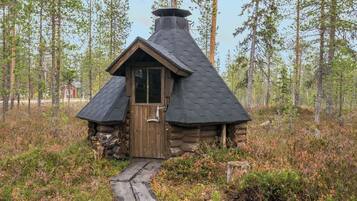 Hirsimökki, jossa on puuovi ja savupiippu, ja jonka ympärillä on metsä.