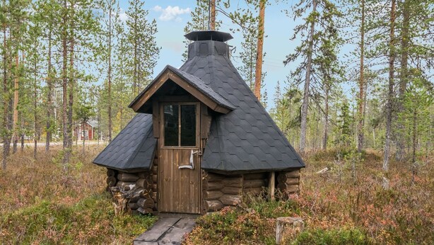 A log cabin with a hexagonal roof and a chimney, surrounded by a forest.