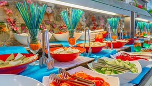 A buffet with various food items and utensils. - Sayanora Hotel- All Inclusive (Manavgat)