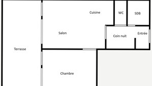 A hotel layout with a terrace, salon, kitchen, WC, SDB, coin room, entry, and bedroom. - Cozy 2-room flat, 4 guests, near slopes, garage (La Clusaz)