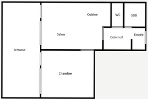 A hotel layout with a terrace, salon, kitchen, WC, SDB, coin room, entry, and bedroom.