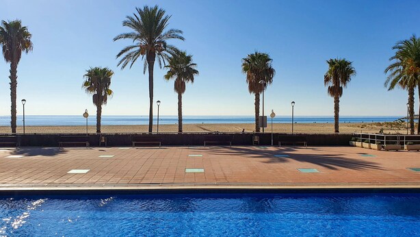 A swimming pool with a view of the beach and palm trees. - Sea-front apartment with pool and private parking in Torredembarra (Torredembarra)