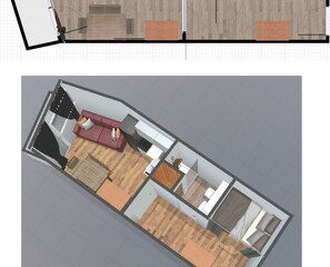 Plano de planta en 3D de una habitación de hotel con sala de estar, dormitorio independiente y baño.