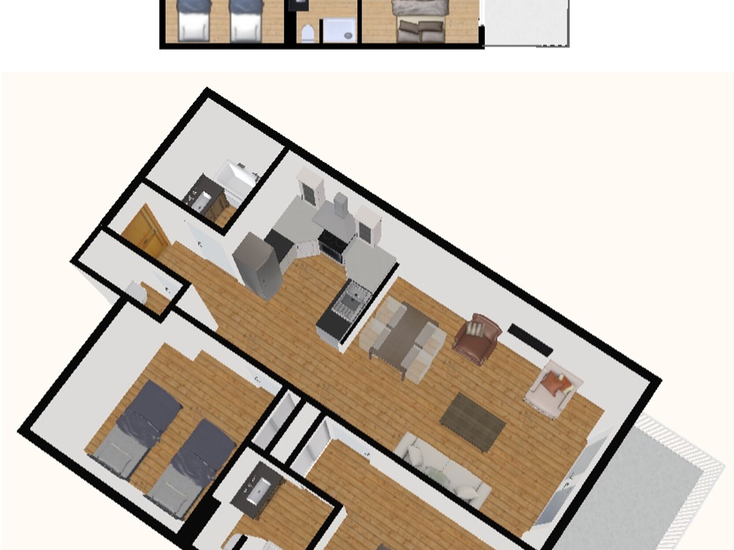 Ein 3D-Grundriss eines Hotelzimmers mit Küche, Wohnbereich und Bad.