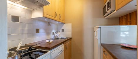 A compact kitchen with a stove, microwave, and a dishwasher.