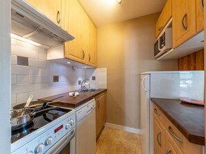 A compact kitchen with a stove, microwave, and a dishwasher.